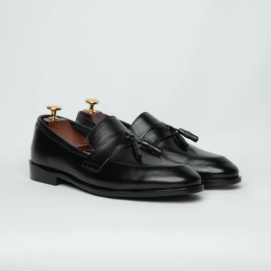 Black Leather Tassel Moccasin